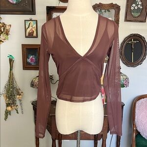 Abercrombie & Fitch Sheer V-Neck Top - Brown